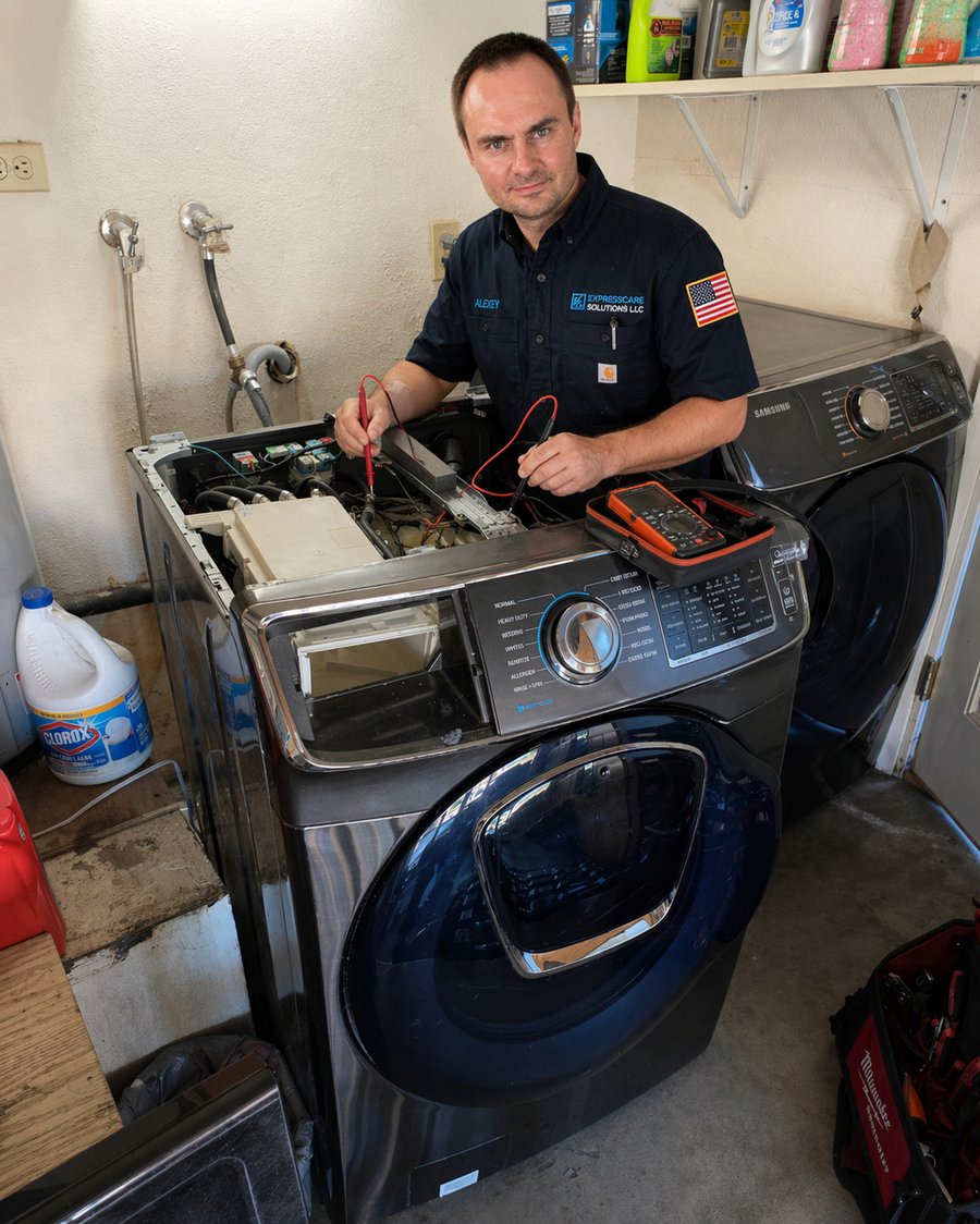ExpressCare technician performing electronic diagnostics on a Samsung washer