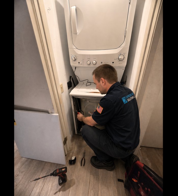Technician repairing a stacked washer-dryer unit with tools visible